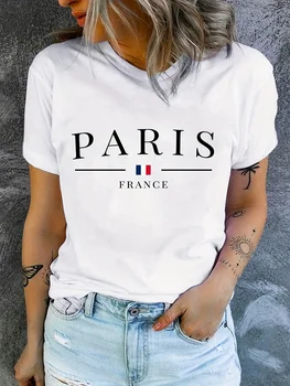 T-shirt con stampa PARIS, top casual girocollo a maniche corte per l'estate e la primavera, abbigliamento da donna 1