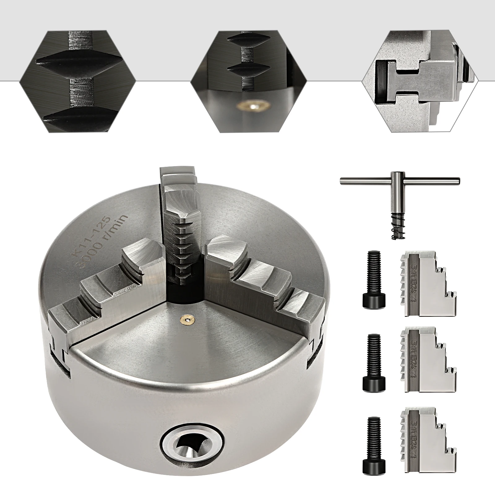 80mm/100mm/125mm 3-Jaw Self-Centering Chuck Adjustable Lathe Chuck Tools Set with Wrench for Clamping Milling Drilling Turning