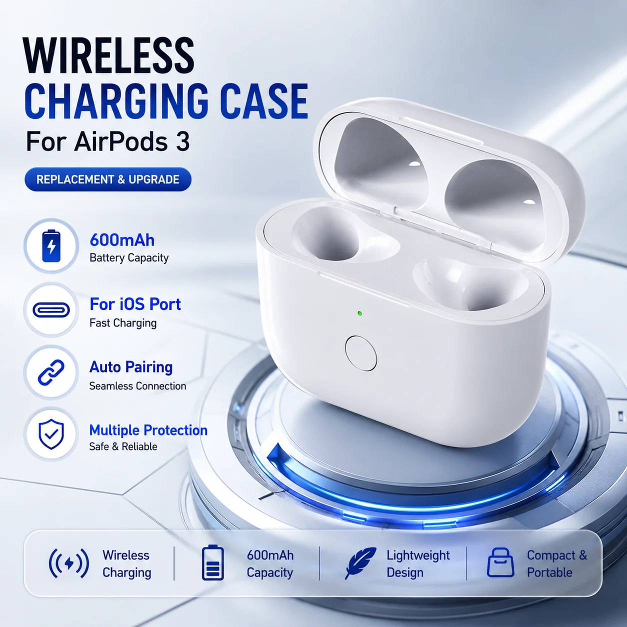 Premium Wireless Earphone Charging Case with LED Indicator and 600mAh Battery Capacity