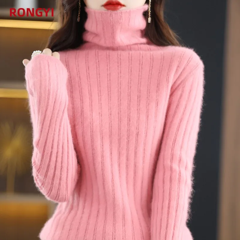 

RONGYI 100% Mink Cashmere Sweater Women's Pullover Knitting High Collar Long Sleeve Autumn And Winter Clothing Warm Blouse Solid