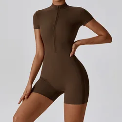 Summer Short Sleeve Zipper Yoga Jumpsuit - Women's Sports & Fitness Bodysuit for Dance, Running, and Workouts (Jiaocha coffee)