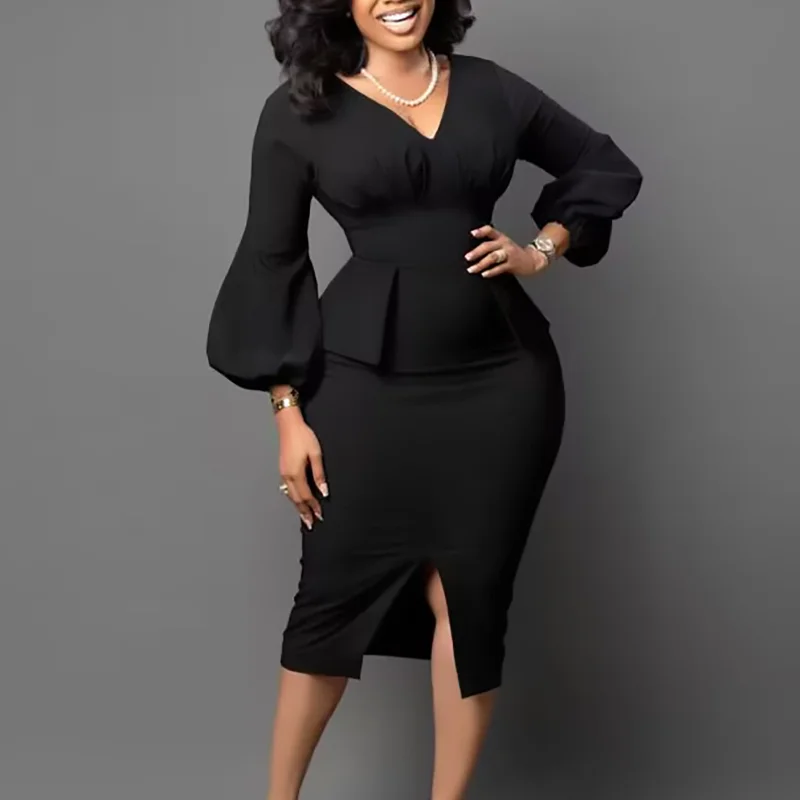 

European and American Women's V-neck Bubble Sleeve Split Dress Office Pencil Dress African Dress