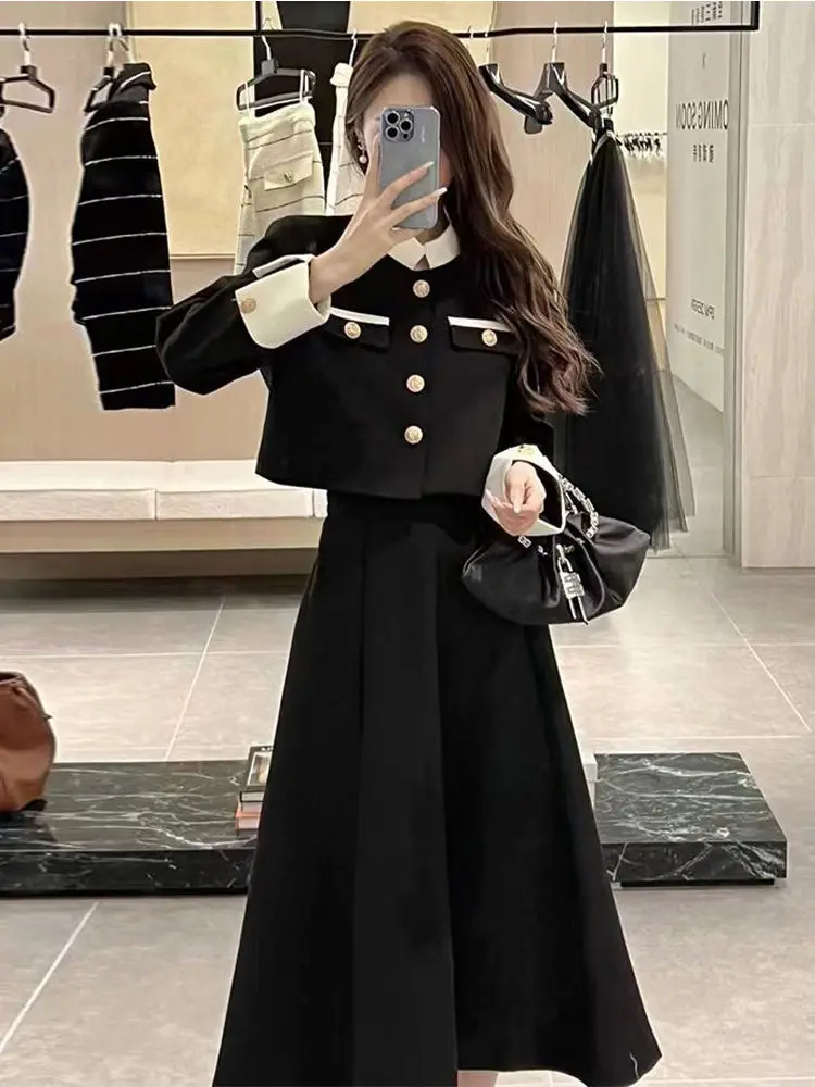 

Color-blocked Stand Collar Chic Style Outerwear + Long Half-skirt Set French-inspired Whole Set for Autumn with Elegant Charm