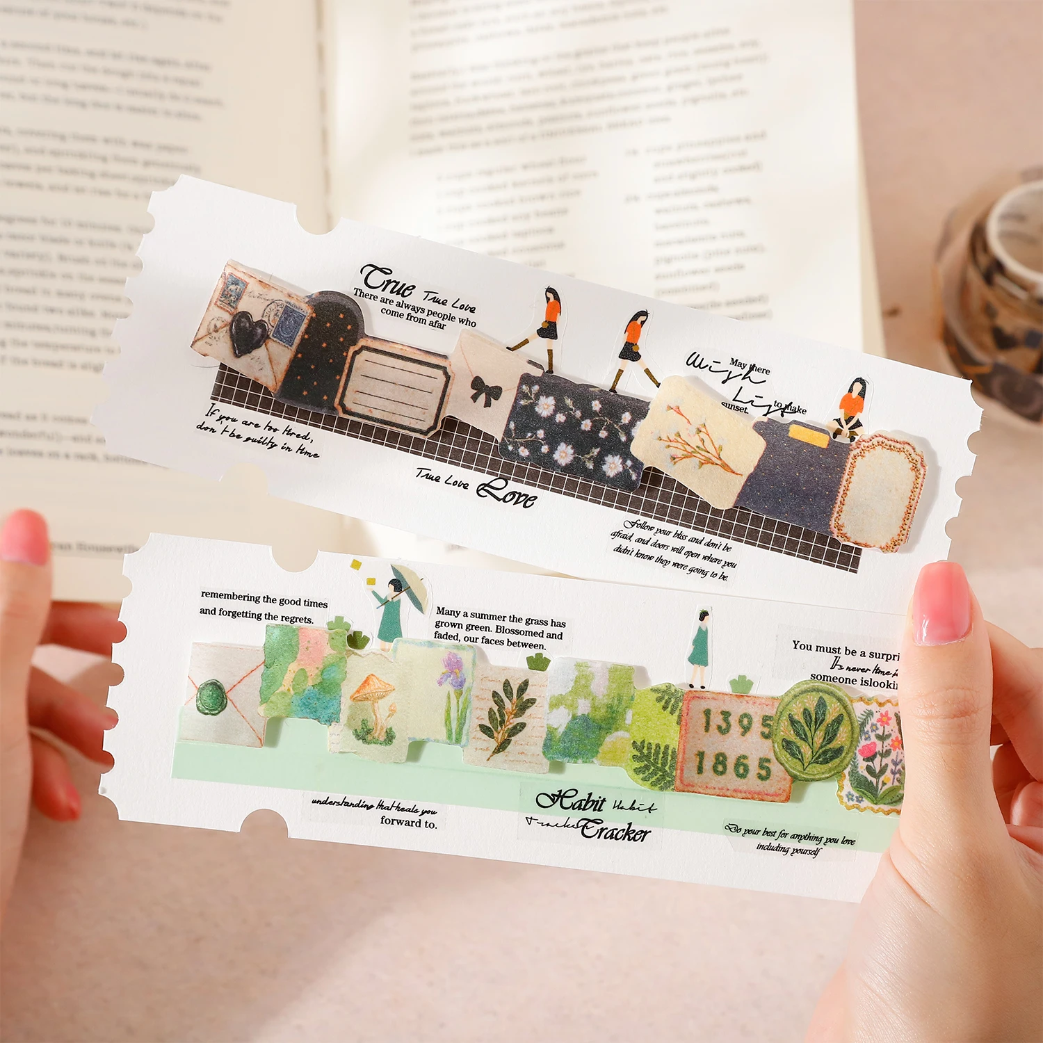 Nastro Washi Vintage Serie Little Forest con Motivi Floreali e Paesaggistici, Materiale Creativo per DIY, Collage e Cancelleria - immagine 5