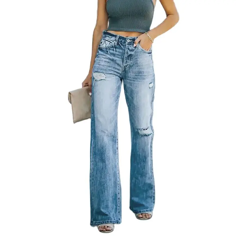 New Women's Stretch Wash Ripped Wide-leg Denim Ladies Trousers Fashion Spring and Summer Casual All-match Jeans Lady Pants