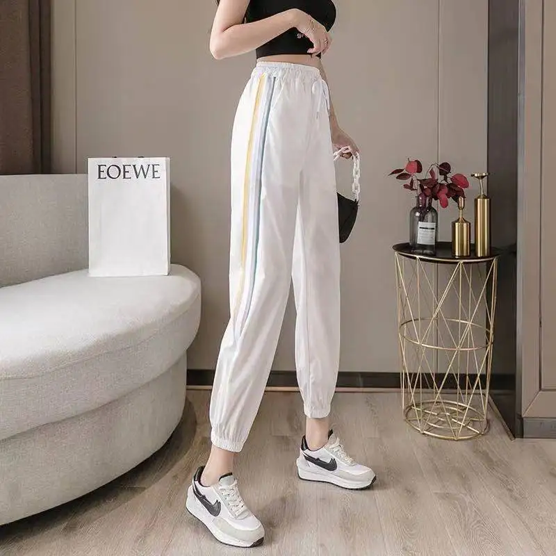 

Women's Spring Summer Solid Pockets Elastic High Waisted Striped Casual Sports Lantern Trousers Office Lady Vacation Pants