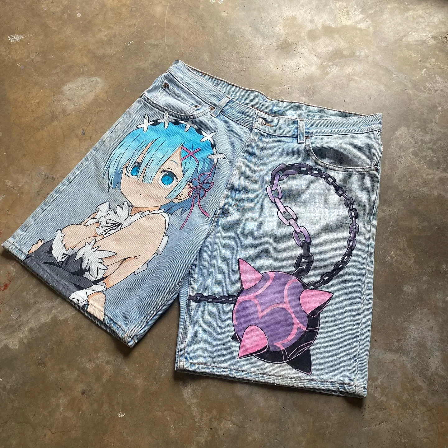 Casual Rem Print Sweatpants Fashion Y2k Baggy Jeans Wide Leg Denim Shorts Pants Harajuku Streetwear Trouser Men