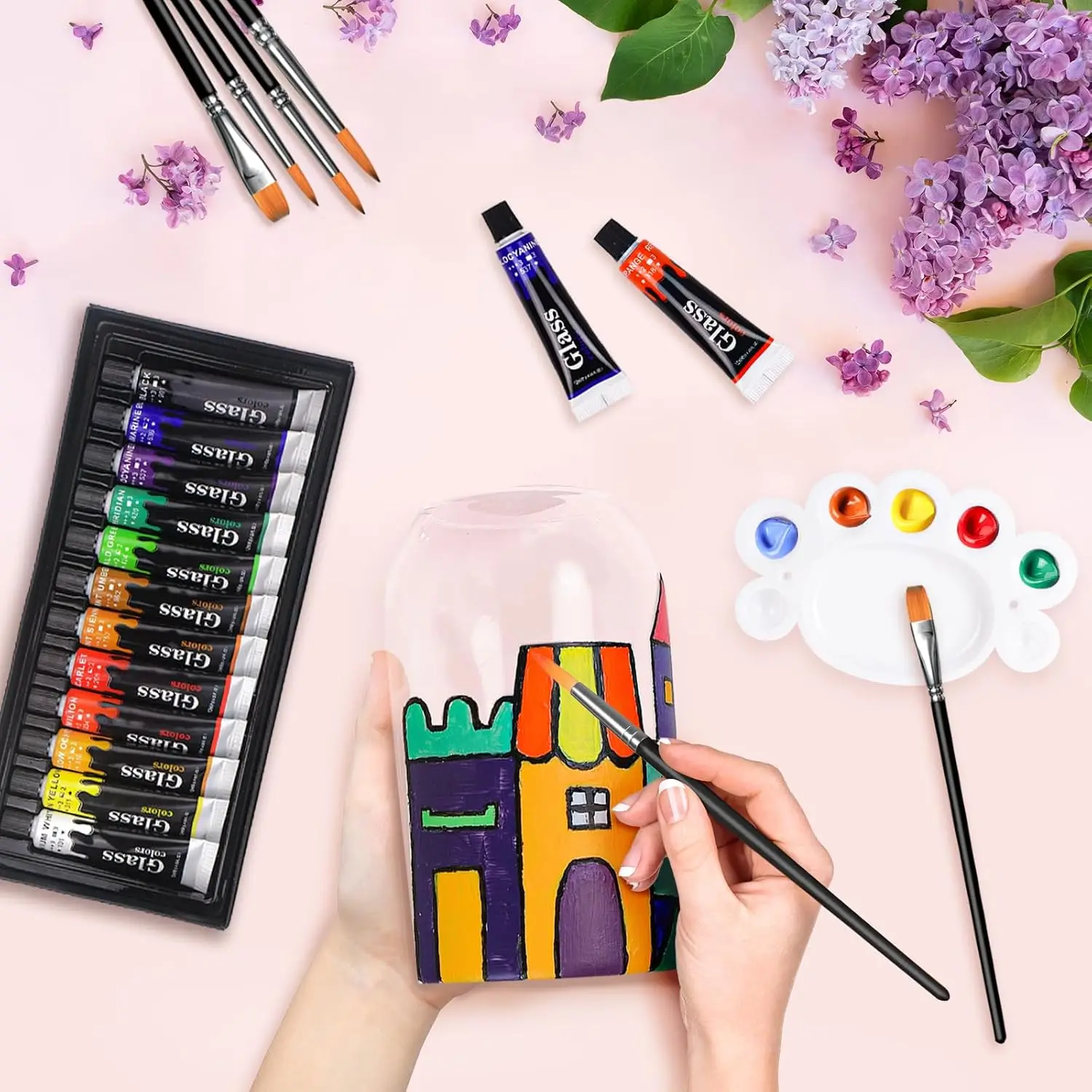 Acrylic Glass Paint Set with 6 Brushes, 1 Palette, 12/24 Colors 12ml,Stain Glass Paints for Wine Glass, Waterproof Acrylic Paint 3