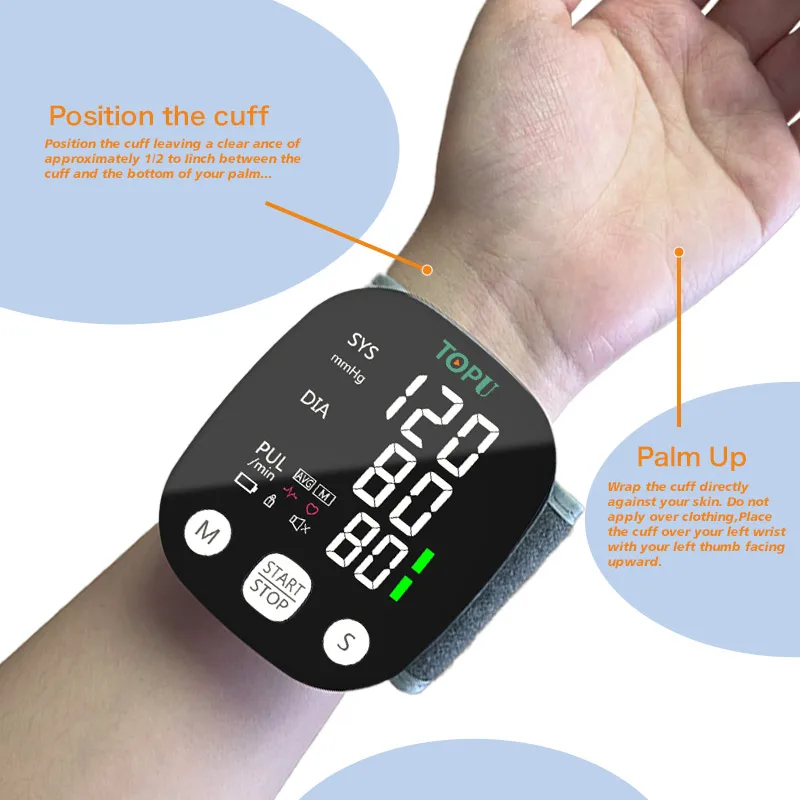 TOPU MEDICAL LED Screen Wrist Sphygmomanometer Wrist Digital Tensiometer Digital Blood Pressure Monitor With Voice Function