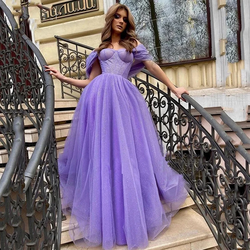 

2023 Elegant Purple Shiny Off Shoulder Evening Dresses Long A-Line Sexy Backless Split Sweetheart Formal Prom Party Gowns