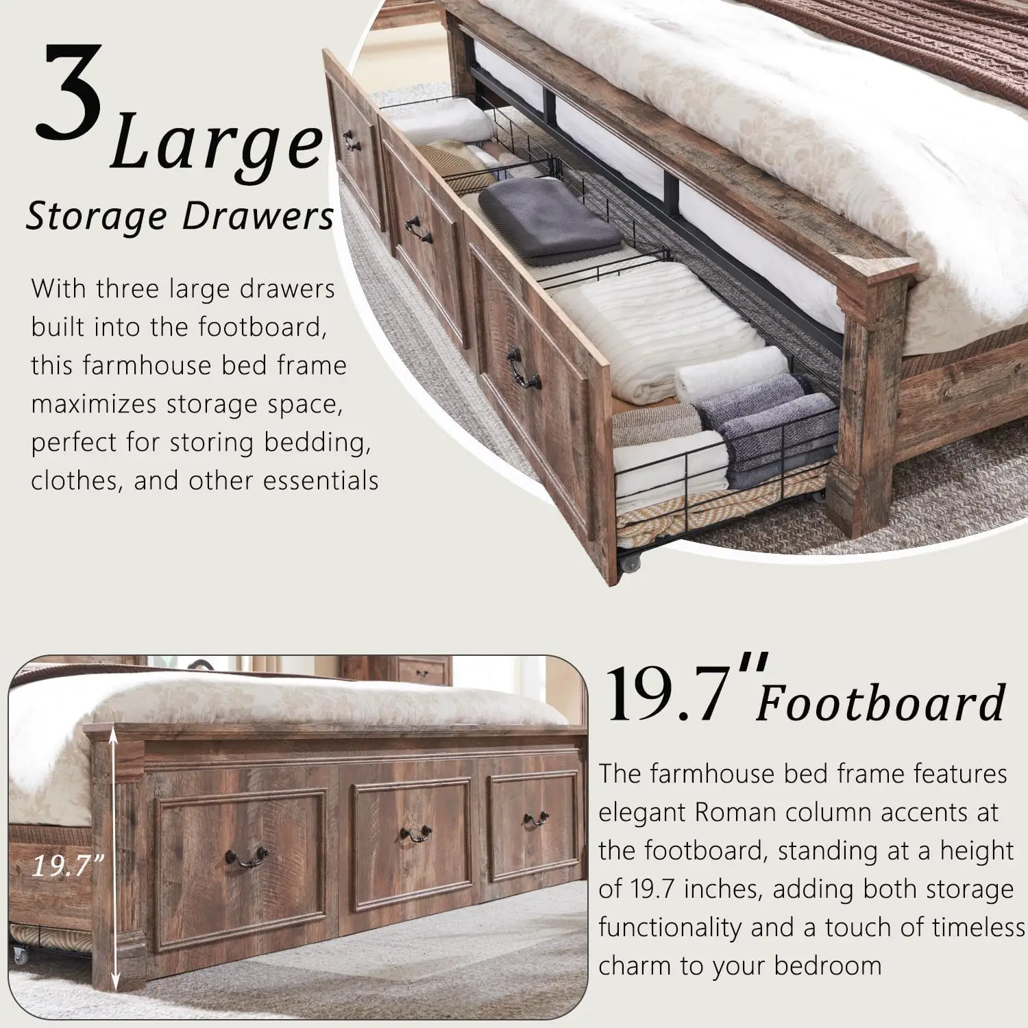 Farmhouse King Size Bed Frame with Roman Column Decoration,with 51" Tall Headboard, Wood Bed Frame with 20" Tall Footboard. 2