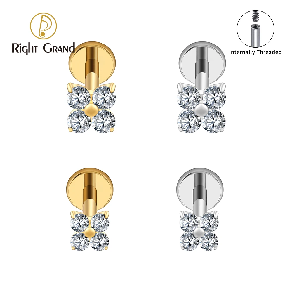 Right Grand ASTM F136 티타늄 플라워 CZ 연골 귀걸이 16G 네잎 클로버 CZ 헬릭스 트라거스 스터드 플랫 백 라브렛 피어싱 쥬얼리