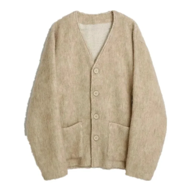 

Autumn and Winter High-quality Men's Jackets Khaki Retro Mohair Knitwear Wool Blend Loose Women's Cardigan Coats Ouderwear