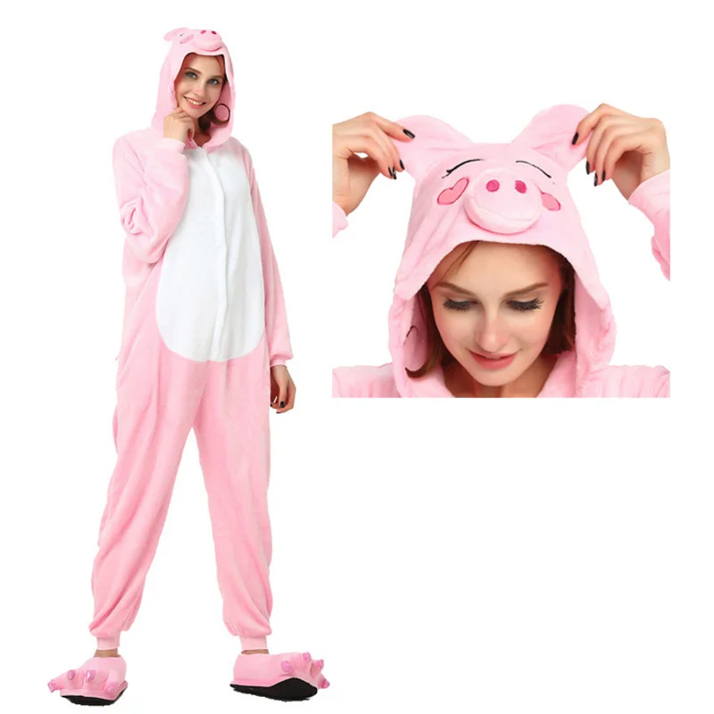 Fall-winter Flannel Pink Pig One-piece Pajamas Female Sleepwear Long Sleeved Warm Hooded  Couple Loungewear Nightgown Jumpsuit pajamas cute long sleeved pajamas facecloth sweet loungewear female sleepwear autumn and winter pajamas women pajamas nightgown