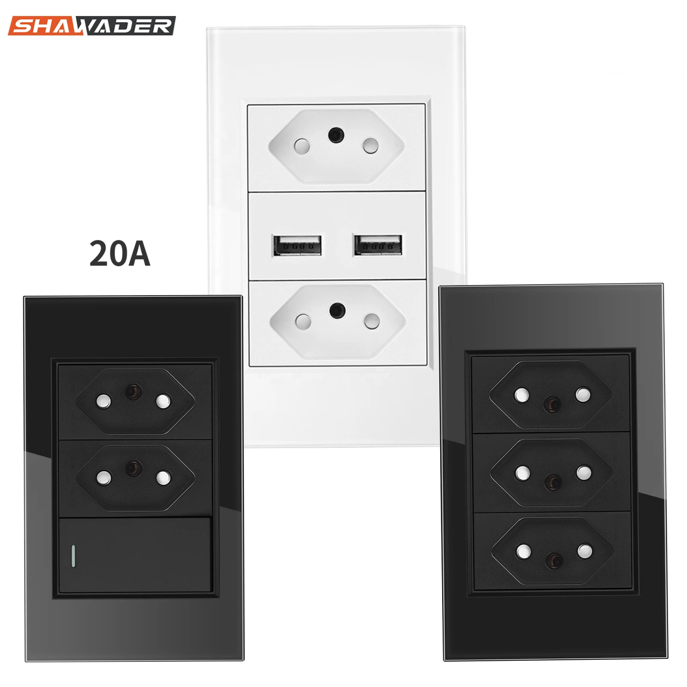 Prise électrique murale Brésil, Prises USB, Pressostat, Panneau en verre, 118 Retangle, Prises