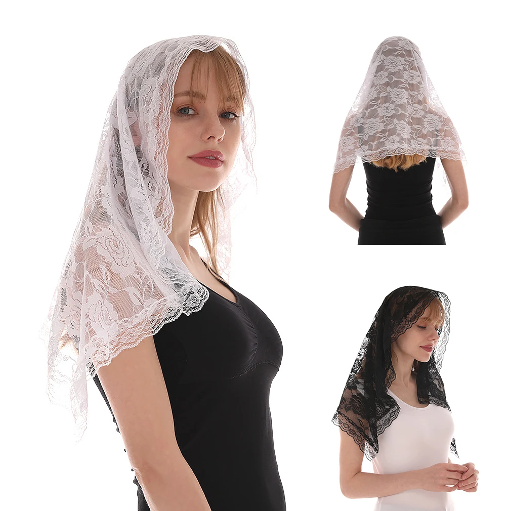 Women Solid Color White Silk Headscarf Circular Wedding Veil Elegant Ladies Lace Shawl Breathable Scarf Decoration white 1 tier church bridal veil with comb wedding accessories ladies decoration