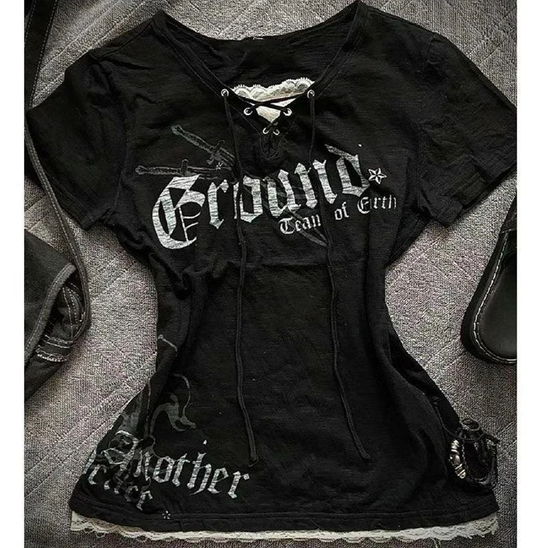 ตัวเลือกสินค้า เสื้อยืดวินเทจผู้หญิง ลายกราฟิก แขนยาว แนว Punk Gothic