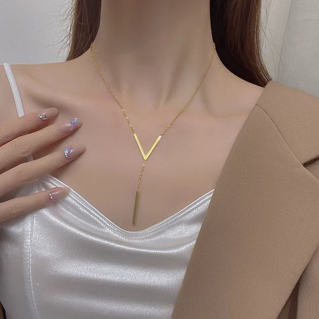 SUMENG New V-shaped Long Sexy Clavicle Gold Colour Chain Necklace Choker for Women 2024 Fashion Jewelry Party Gifts 4