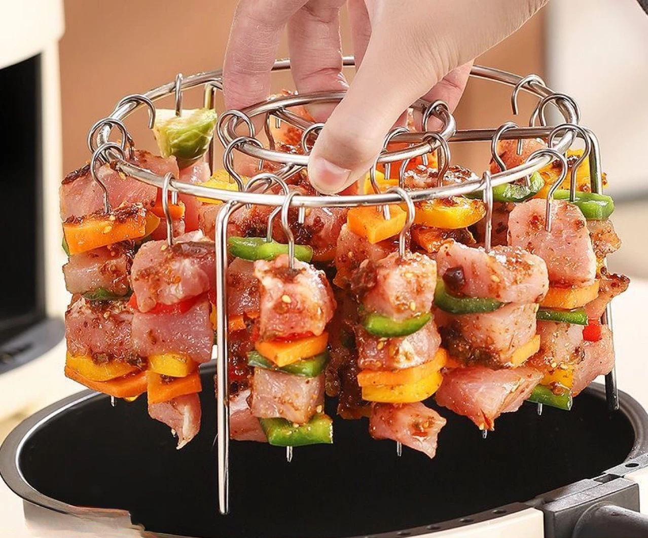 Vertical Stainless Steel Air Fryer Grill Rack Round BBQ Grill for Home Oven Kitchen Skewers Foldable Design 1pcs