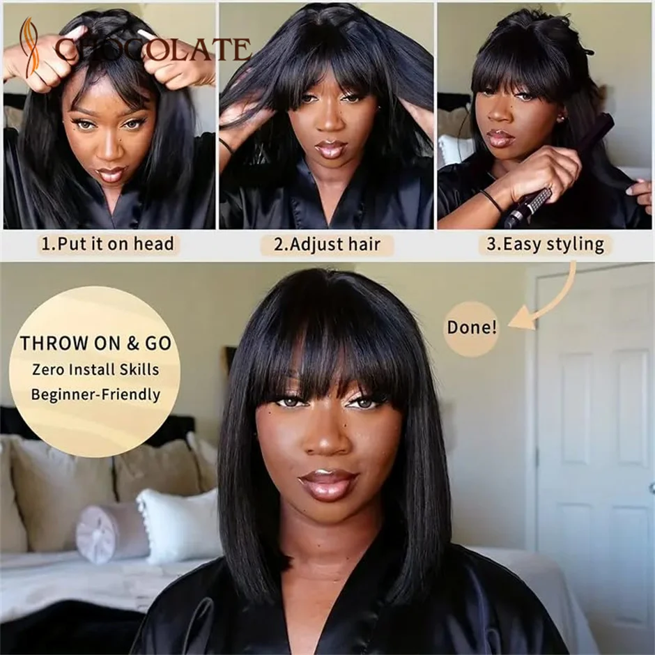 Short Bob Wigs With Bangs 3X1 Lace Human Hair Wigs Realistic Scalp Glueless Straight Bob Wig With Bangs 180% Density