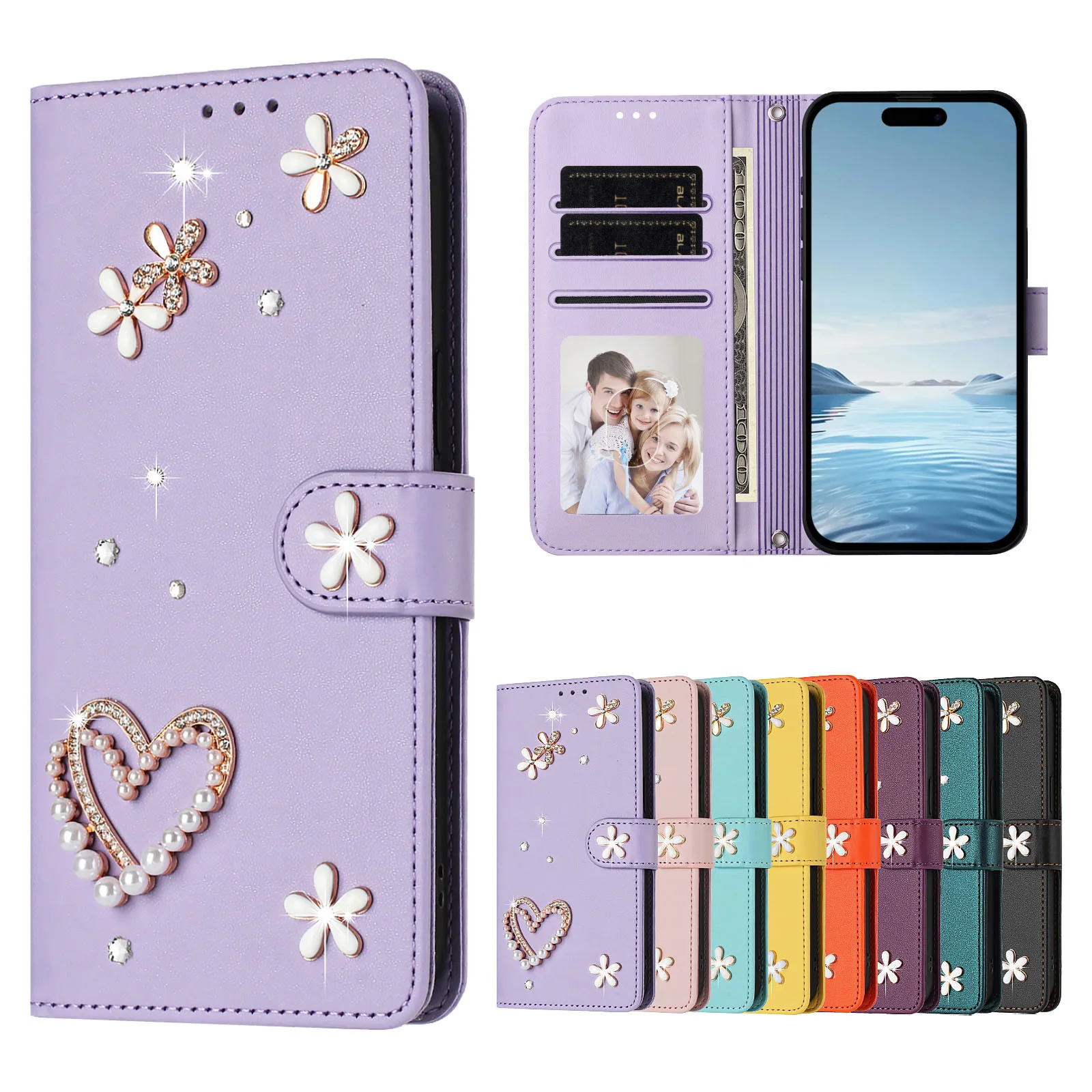 Sparkling Jeweled Leather Phone Case with Lanyard and Cardholder Wallet