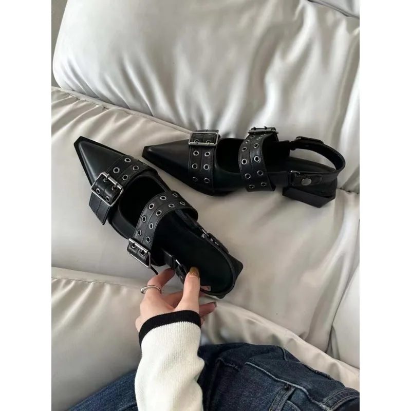 2024 Hot Women Chunky Sandals Summer Shoes Fashion Mid Heels Pointed Toe Party Shoes Brand Casual Shoes Mujer Slippers Zapatos