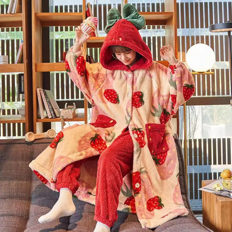 Hooded Women's Bathrobe Flannel Robe Sets Thick Dressing Gown Winter Cartoon Plush Pajamas Set Sweet Nightgown With Pants Nighty