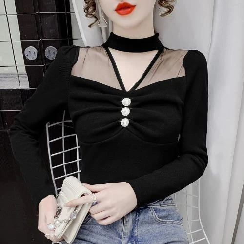 

Girl T Shirt Long Sleeve Hollowed OL Black Women Cloth Tank Top Ribber Knit Tank Knitted Tops Korean Crop Jazz Clothes Blouse