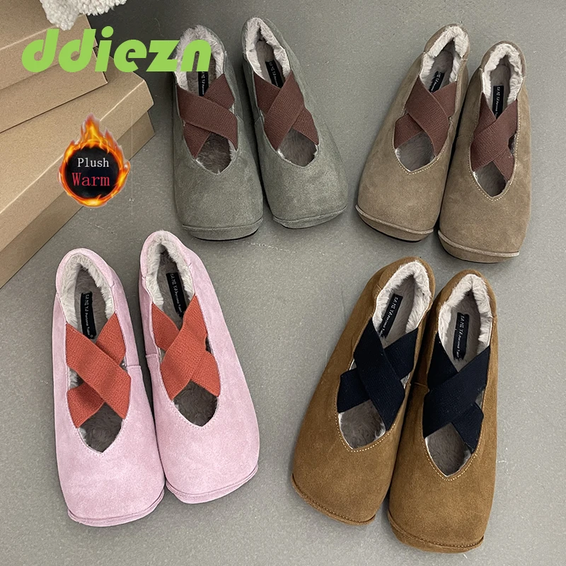 

Балетки женские с квадратным носком, теплые меховые, эластичная резинка, плюшевая обувь, плоская подошва, Осень-зима