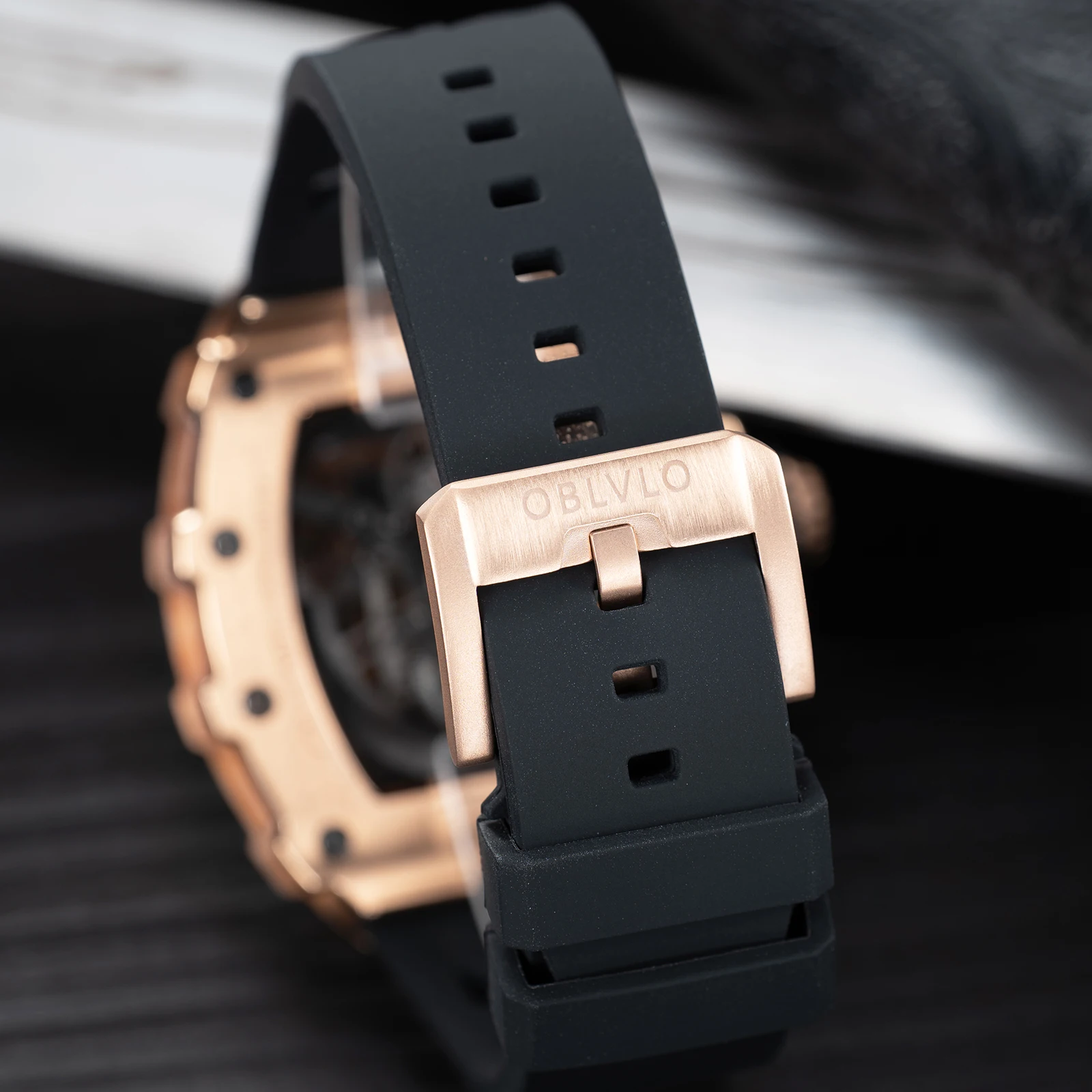 OBLVLO Orologio Uomo Automatico Meccanico Con Diamanti | Tonneau, Cinturino In Silicone, Impermeabile 5 ATM | Modello XM-FIG-D - 5