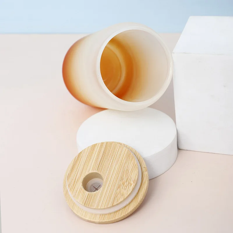 16oz Water Bottle with Straw Juice Glass Beer Can Gradient Color Milk Mocha Cup with Bamboo Wooden Lid Household Drinking Cups