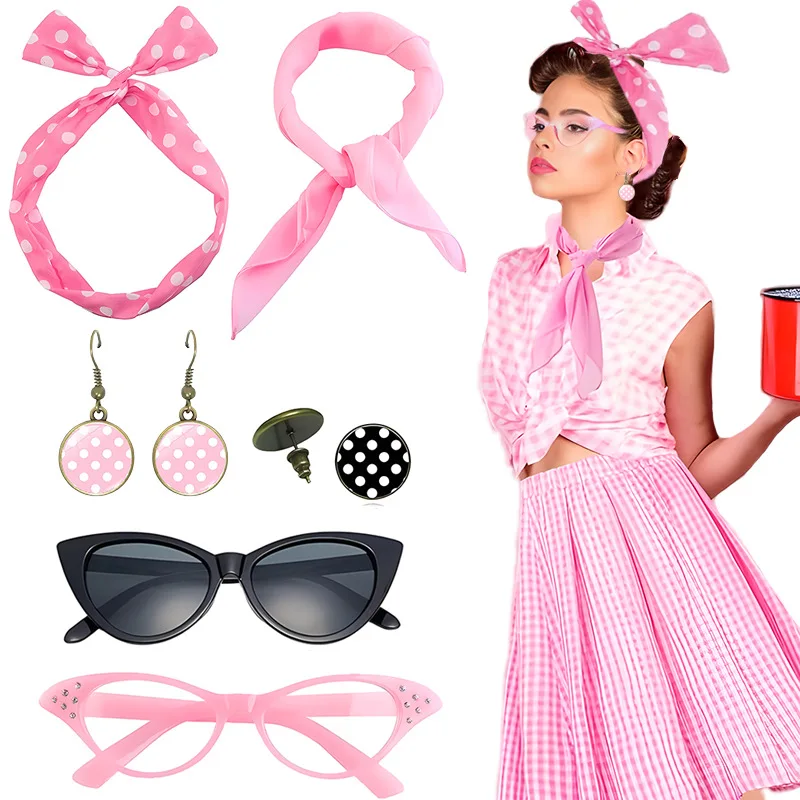 6pcs Set 1950s Costume Accessories Women Vintage Cat Eye Glasses Chiffon Scarf Polka Dot Earrings and Headband - 4