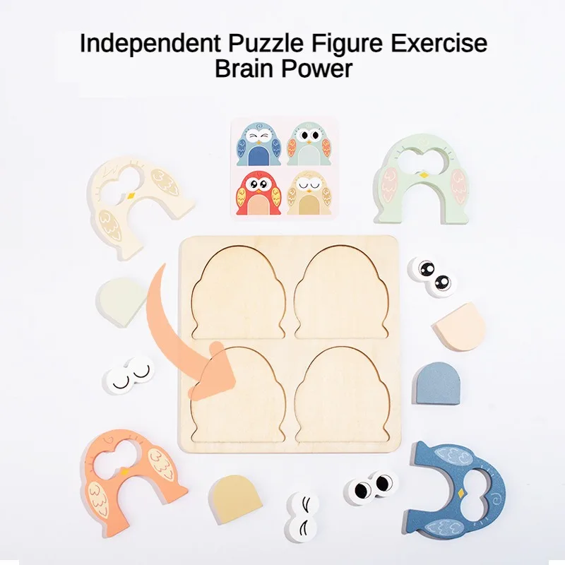 Cute Owl Face Changing Puzzle Montessori Wooden Toy Exercises Baby's Recognition of Colors Patterns Education Interactive Game 2