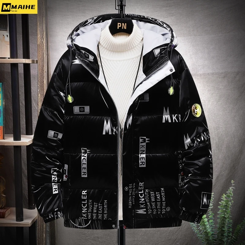 Autumn and winter new men's short down jacket hooded thick warm down jacket bright print fashion high quality outdoor snow coat new autumn and winter plus velvet thick thick warm down jacket casual all match full print fashion trend loose down jacket