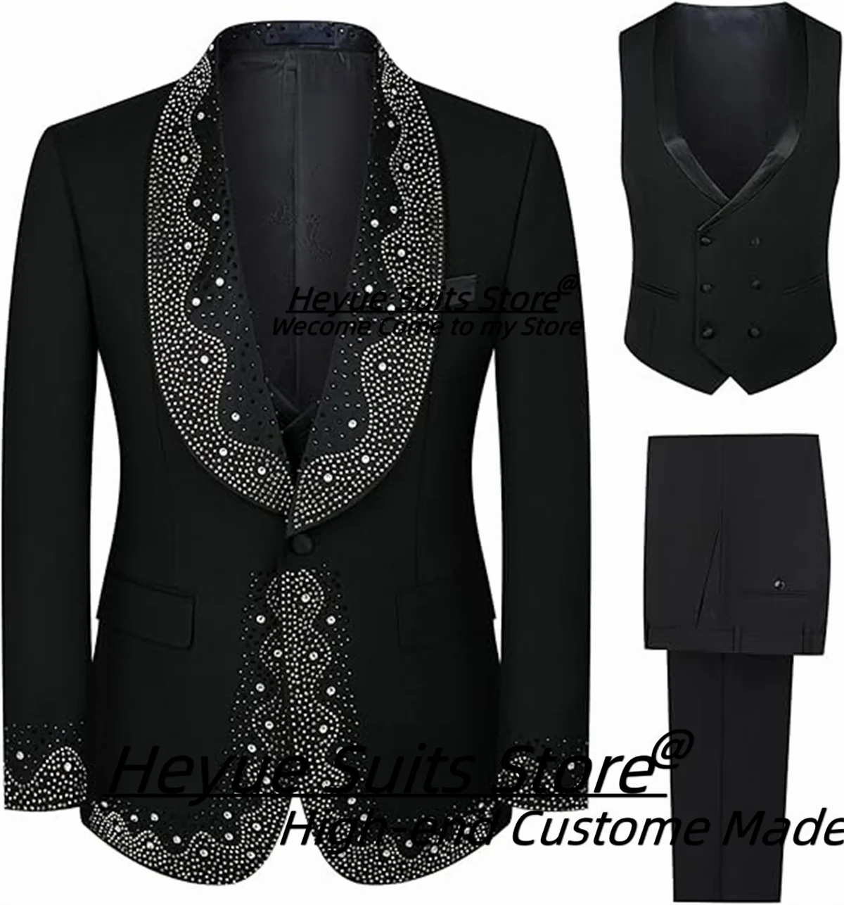 Men Suits New Customiezd Slim Fit Stick Beads Shawl Lapel Groom Wedding Tuxedos 3Pcs Sets Blazers Business