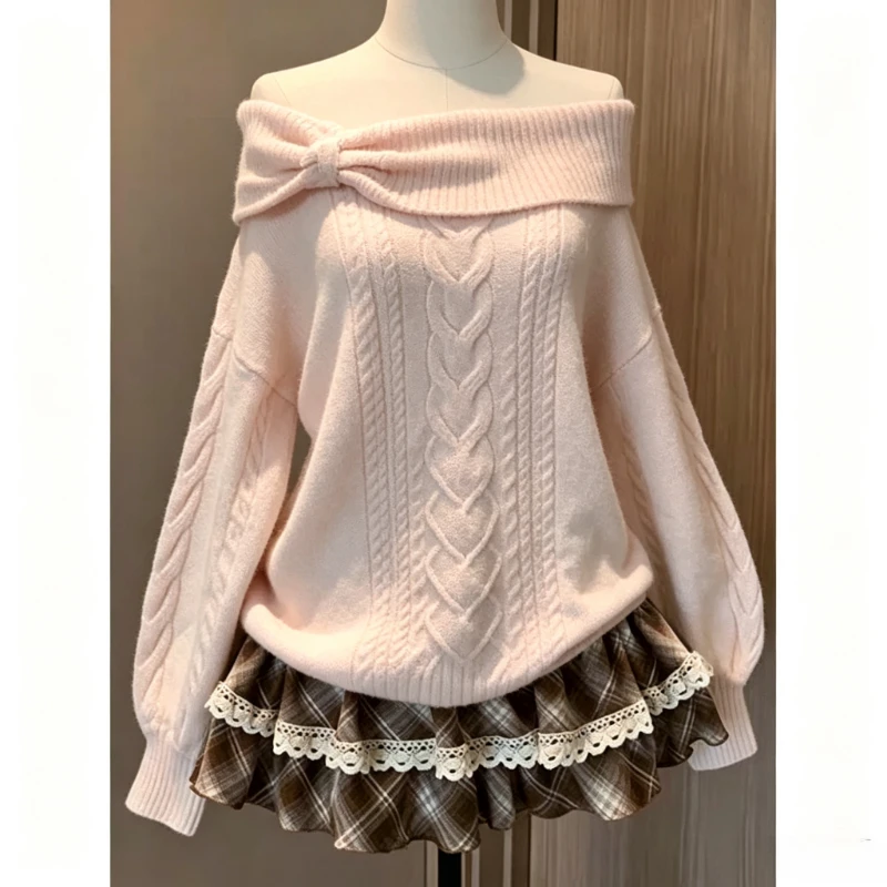 Sweet Daily Streetwear Japanese Women Slim Fit Off Shoulder Knit Jumper Soft Long Sleeve Fashion Pullover Sweater