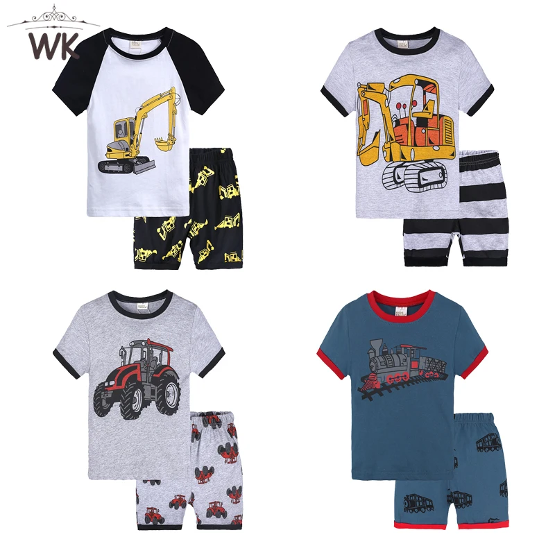 Baby Boy Girl Clothes Sets Summer Short Sleeve Tractors Cartoon Print Pajama Tracksuit Suits Costume Children Sleepwear Clothing