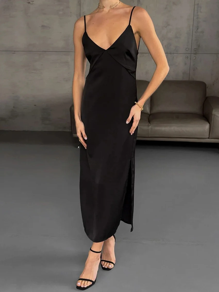 Mathaiqqi Fashion Ladies Nightwear Sexy V-Neck Sleepwear Spaghetti Strap Nightgown Split Pajama Ankle-Length Dress Femme Nightie