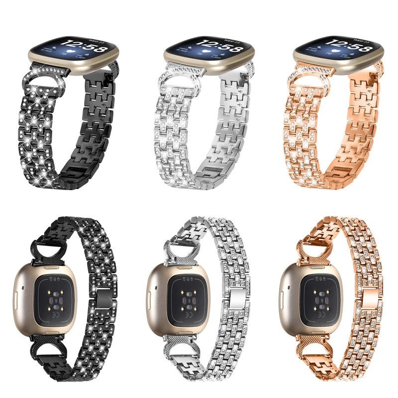 

Ремешок для смарт-часов fitbit versa 4 versa 3, пятирядный браслет из нержавеющей стали с бриллиантами для смарт-часов fitbit sense / sense 2