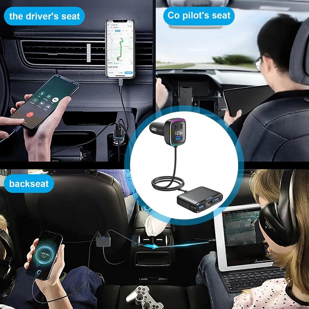 Car USB Charger Multiport Multiport USB C Car Charger 6 Port Car Phone Charger Adapter with Voltage Display 1.5m/4.92Ft