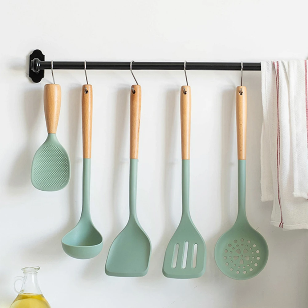 Kitchen Utensils 5Pcs Non-stick Silicone Wooden Handle Cooking Spatula Baking Storage Tool
