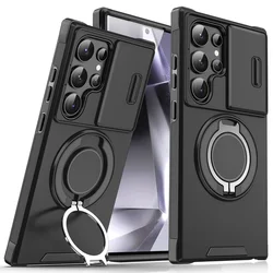 Magnetic Stand Phone Case with Slide Camera Protection and Defender Cover for Galaxy S24Plus (Black)