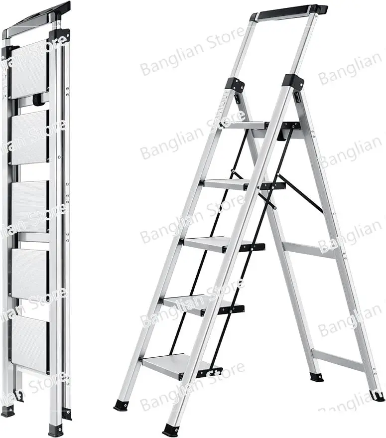 

5 Step Ladder Retractable Handgrip Folding Step Stool with Anti-Slip Wide Pedal Aluminum Stool Ladders 5 Steps 330lbs Safety