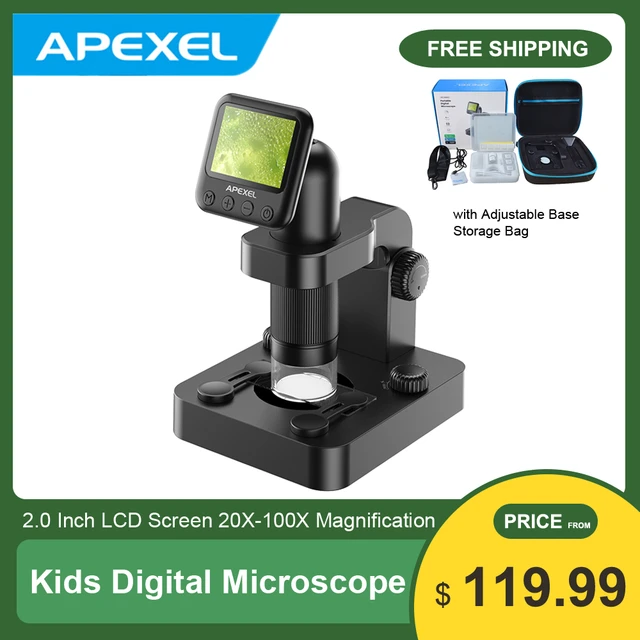 APEXEL MS003 USB Digital Microscope with 2.0 Inch LCD Screen 20X-100X  Magnification 2MP Photo 1080P Video Built-in Battery Lights with Adjustable  Base