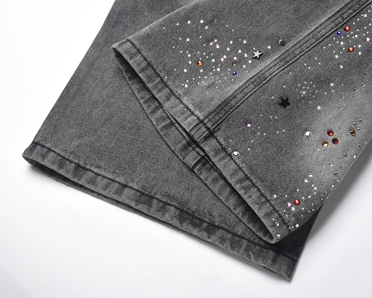 Vintage Color Rhinestone Print Washed Gray Baggy Jeans Shorts for Men Straight Casual Harajuku Loose Denim Trousers Oversized