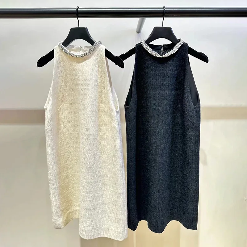 

Women Dress O-neck Zipper Diamond Decoration 2024 Summer New Elegant Sleeveless Mini Robe