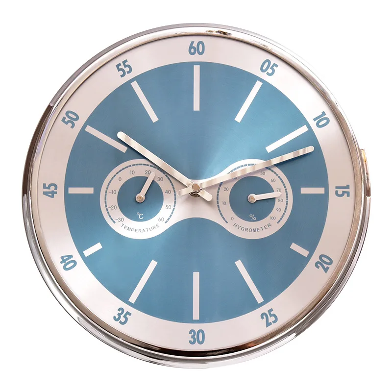 Light Temperature and Humidity Mute Wall Clock Simple Metal Atmosphere Clock Watch Blue  