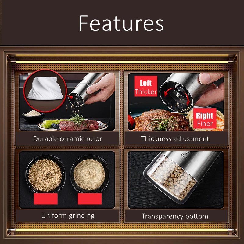 304 Stainless Steel Pepper Mill LFGB Certificate Transparency Bottom Ceramic Rotor Thickness Adjustable Salt Spices Grinder