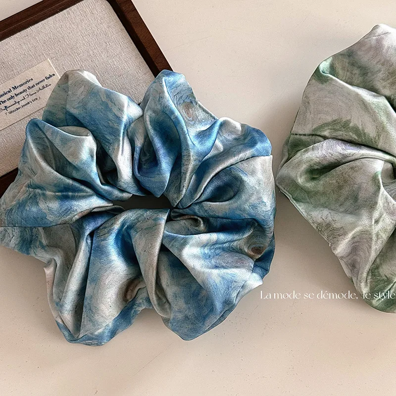 

High-Grade Oil Painting Blooming Satin Large Intestine Hair Ring Female French Elegant Ponytail Tied-up Hair Head RopeHeaddress