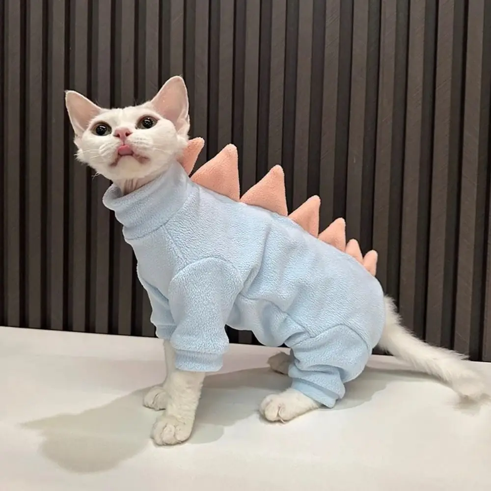 애완 동물 의상 귀여운 공룡 모양 양털 스웨트셔츠 부드럽고 편안한 고양이 따뜻한 코트 보라색 파란색 스핑크스 고양이 4다리 점프슈트 봄